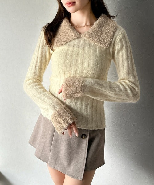 【mily bilet】可愛さ、ふわり2倍増し◎配色ファー衿リブニットプルオーバー（長袖） mi1029145