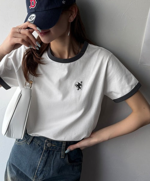【sustaina+】デイリースタイルをアップデート。オーガニックコットン混 綿100％胸刺繍リンガーTシャツ ce1260400