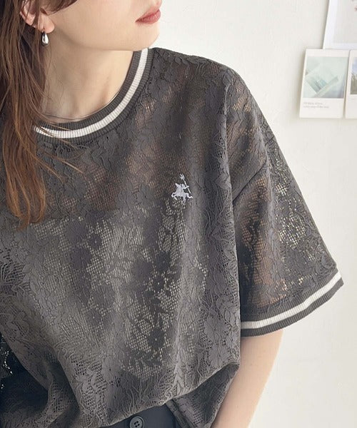 上品レース×スポーティMIXが旬。クロシェ風レースリブラインTシャツ。 ce1050163