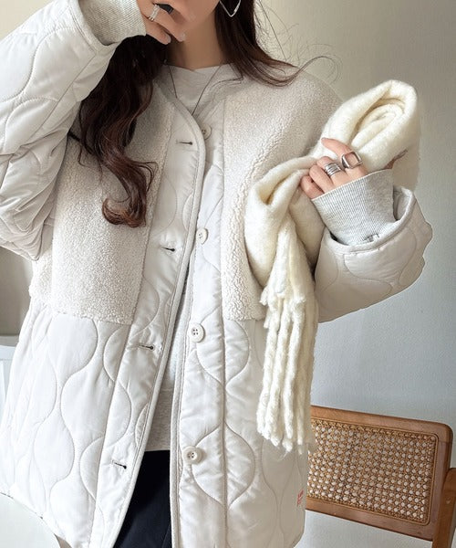 《JaVaジャバコラボ》軽くて暖かい、旬顔ボア切替♪ノーカラーひょうたんキルティングコート jv1240103