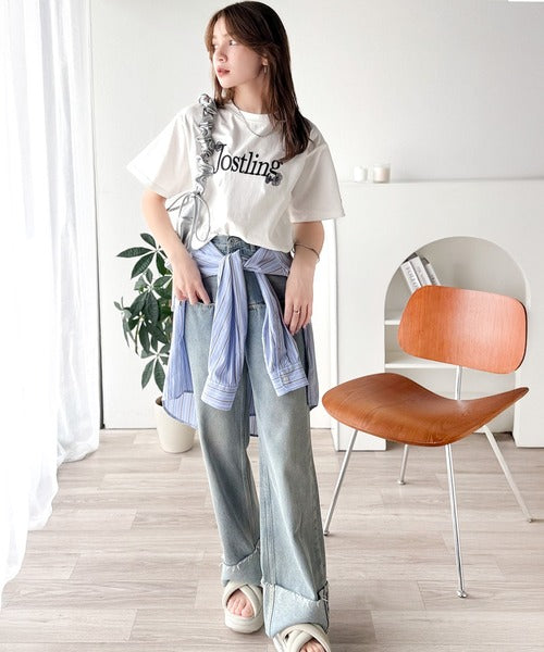 ナチュラルな中に、さりげない華。綿100％ロゴ×フラワー刺繍ビッグTシャツ（半袖） ce1260485