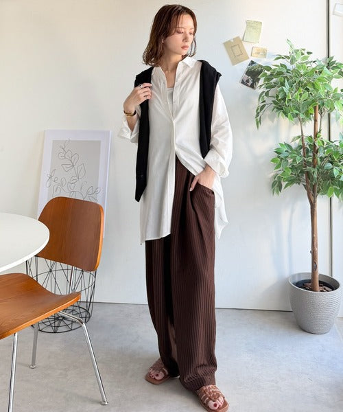 【機能性素材】軽やかにデイリーに使える。レーヨン麻混オーバーサイズロールアップシャツ（長袖） ce1010542