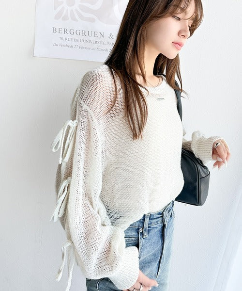 【mily bilet】大人のきらめき。プレートデザイン透かし編み袖リボンラメニット(ワンオフショル2way) mi1259009