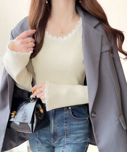 【mily bilet】すっきりシルエットで華やかに映える♪スカラップデザイン配色ニットトップス mi1029192