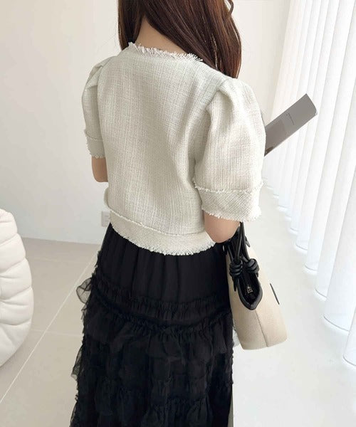 【mily bilet】女性らしさ漂う。ロゴプレート使い半袖ラメ入りツイードジャケット mi1019084