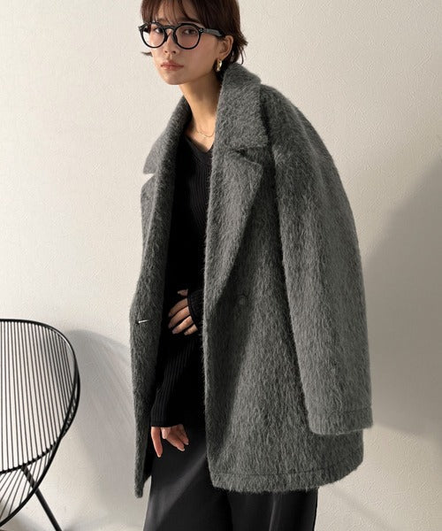ふわり纏うだけで上品見え。2wayシャギーダブルビックカラージャケットコート（ミドル丈） ce1240097