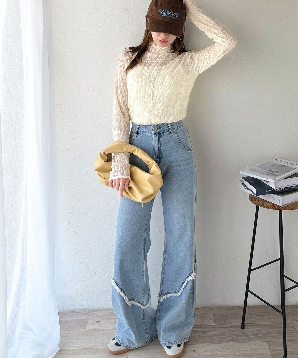 ほんのり透け感、シアー感で魅せる♪シャーリングシアーハイネックトップス（長袖） ce1010474