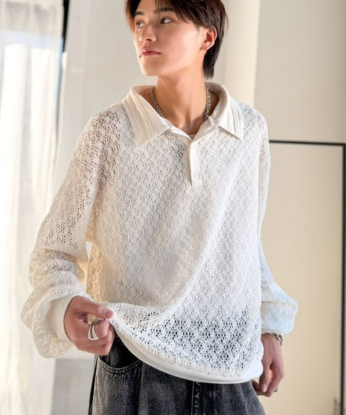 「透け感、モードの余韻。」衿ダブルライン使いレース柄ニットポロシャツ／Double-Line Collar Lace Pattern Knit Polo Shirt co1010049