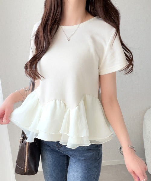 【mily bilet】可憐に揺れて、ときめきを纏う♪前後2wayペプラム切替フリルデザインTシャツ（半袖） mi1019140