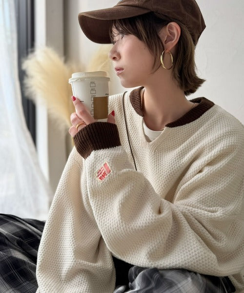 《JaVaジャバコラボ》ざっくり×配色が旬顔。配色スキッパーオーバーサイズ鹿の子編みニット（長袖） jv1410040