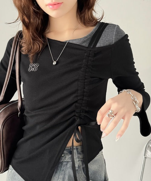 【mily bilet】アシメネックレイヤード風シャーリング使い袖フレア胸刺繍カットソー（長袖） mi1359011