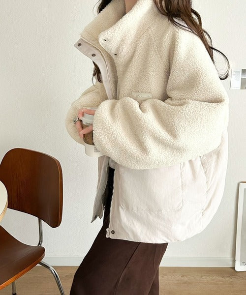 《JaVaジャバコラボ》暖かく包み込む、私のもこもこちゃん♪異素材MIXボア×ナイロン切替スタンドカラージャケット jv1240139