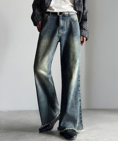 【Classical Origin】「スタイル盛れる。」ブラスト＆裾フリンジ加工ストレッチ素材スリムフレアデニムパンツ／Blasted & Fringed Stretch Slim Flare Denim Pants co0900008