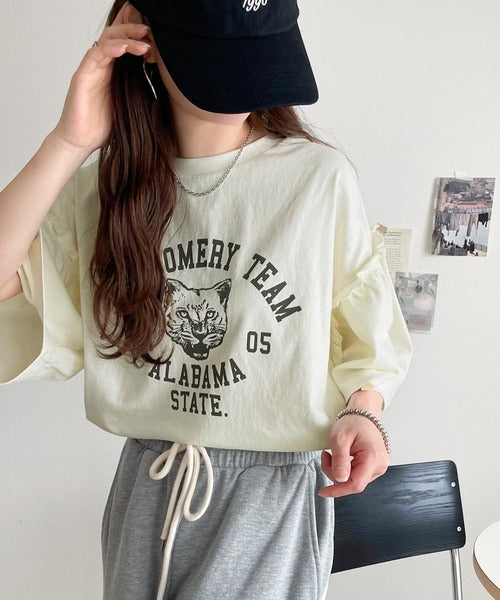 レディなヴィンテージスタイル。綿100％カレッジピグメント袖フリルTシャツ ce1020221
