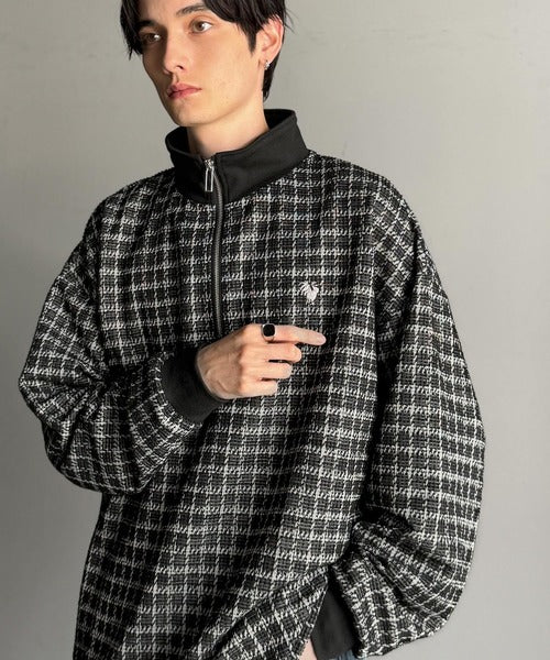 【Classical Origin】「上品カジュアル」。裾ドロスト付きツイード素材ハーフジッププルオーバー（長袖）/Tweed Fabric Drawcord Half-Zip Pullover co1010032