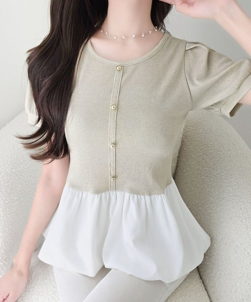 【mily bilet】きゅんとするシルエット。袖タックラメ混テレコリブ×異素材バルーントップス（半袖） mi1359056