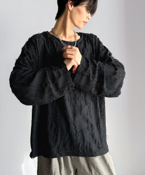 グランジを楽しむ旬スタイル。ダメージ加工ビッグシルエットジャカードカットソーTシャツ（長袖） cm1010420