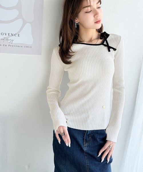 【mily bilet】春夏の新定番！くるみボタンアシンメトリーネックボーダーリブニット(長袖） mi1029111