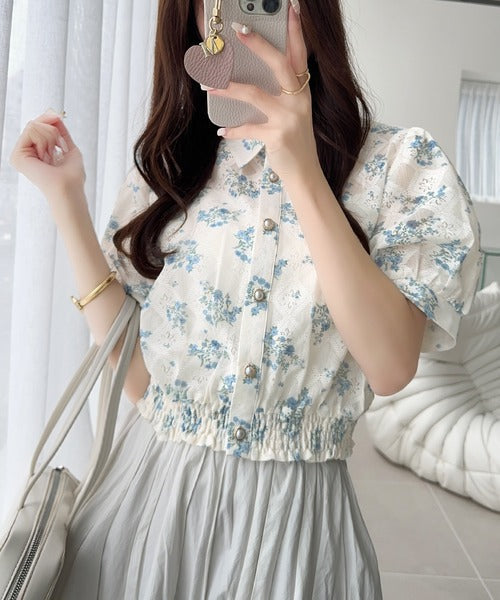 【mily bilet】スタイルアップ効果抜群♪花柄シアーレースショート丈ブラウス mi1139058