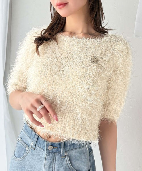 【mily bilet】ふんわり大人可愛い。ラメシャギーブローチ付きワンオフショル前後２WAYカーディガン mi1259012