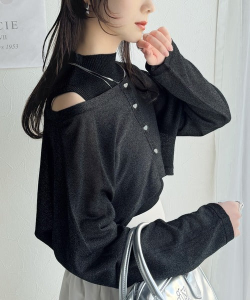 【mily bilet】上品さと可愛らしさを兼ね備えた、オフショル２WAYラメシアーニットアンサンブル（カーディガンセット） mi1029105