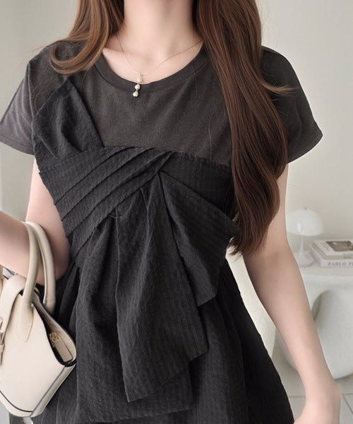 【mily bilet】忙しい朝も悩まない、初夏の一軍トップス。リボンビスチェドッキングTシャツ (半袖) mi1019145