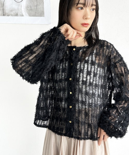 【mily bilet】上質なフェザー素材が生み出す。ふんわり感が魅力の前後2WAYシアーフリンジチュールカーディガン（長袖） mi1019070