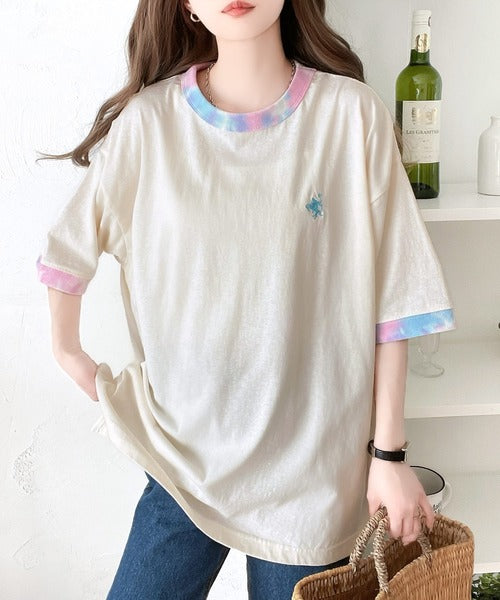 レトロでポップな大人リンガーT。胸刺繍タイダイリンガー半袖T ce1050158