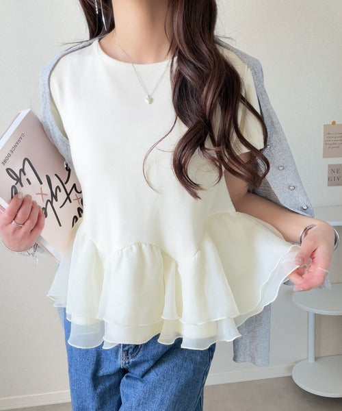 【mily bilet】可憐に揺れて、ときめきを纏う♪前後2wayペプラム切替フリルデザインTシャツ（半袖） mi1019140