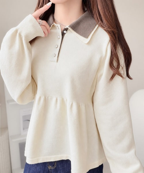 【mily bilet】衿でときめき、裾で華やぐ。パール調ボタン配色ダブルカラーペプラムニット（長袖） mi1359072