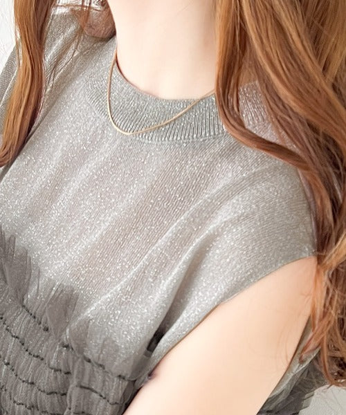 【mily bilet】ふんわり大人可愛いシアーラメトップス。チュールフリル使いノースリーブシアーニット mi1149052