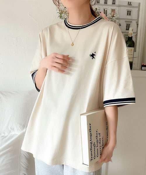 《JaVa ジャバコラボ》大人スポーティー。綿100%シルケット 配色刺繍Tシャツ jv1050074