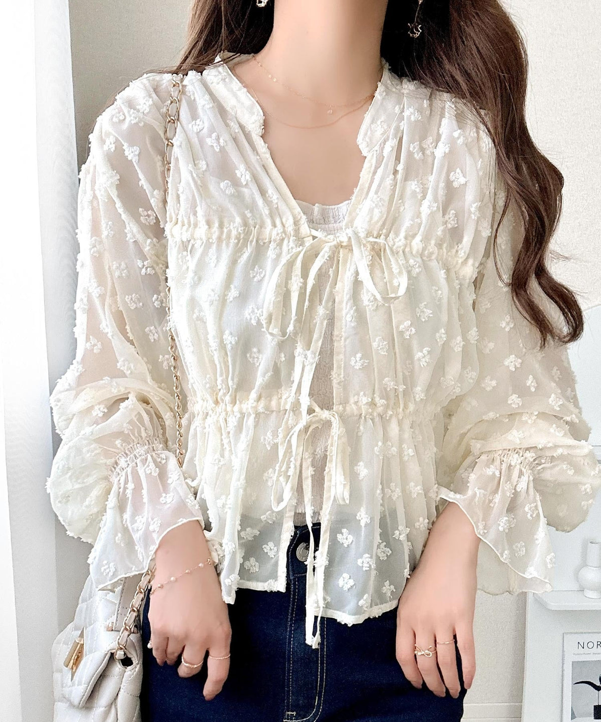 【mily bilet】透け感シフォンでつくる、大人の可憐スタイル。花柄シフォンカーデブラウス（長袖） mi1019105