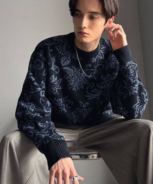【classical origin】視線を奪う、ジャガード花柄ニット／Jacquard Floral Knit Sweater ao1020311