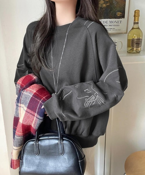 袖に遊び心を忍ばせたラク可愛い一枚♪袖ネコ刺繍裏起毛PO ce1050327