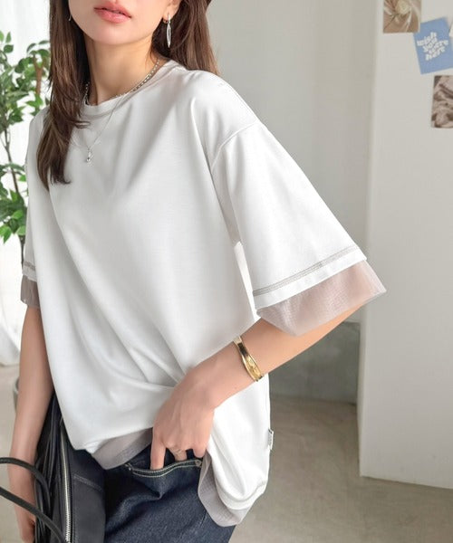 《JaVa ジャバコラボ》異素材ミックスで魅せる、大人のこなれ感。チュールドッキング配色ステッチトップス（半袖） jv1330094