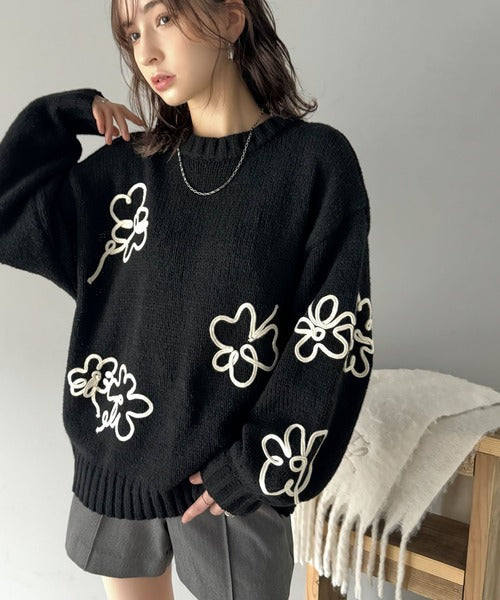 【mily bilet】秋冬のあったかニット。ウールライクフラワーコード刺繍ニットプルオーバーニット mi1149064