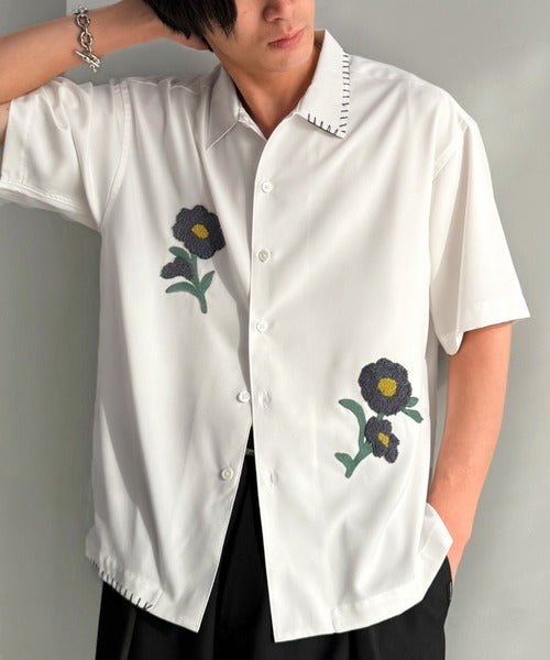 【接触冷感機能付き】サガラ刺繍フラワーステッチシャツ／Cool-Touch Fabric Sagara Embroidered Flower Stitch Shirt (半袖) co1320019