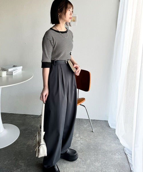 大人可愛いの新定番。袖リンガーボートネック胸刺繍ボーダーTシャツ（半袖） ce1260419
