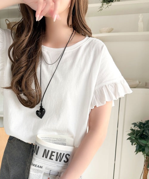 《JaVaジャバコラボ》着るだけで主役級。綿100％バック箔プリント袖フリルTシャツ（半袖） jv1330104