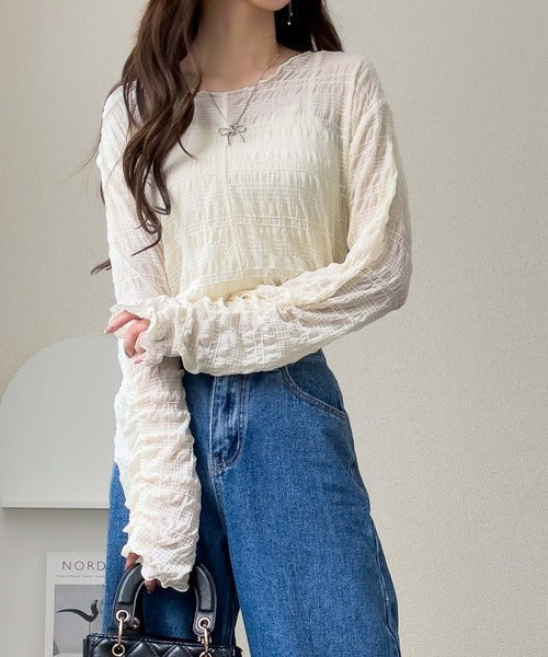 【mily bilet】抜け感にきゅん♪シアーシャーリング袖ギャザーメローフリルカットソー（長袖） mi1019102