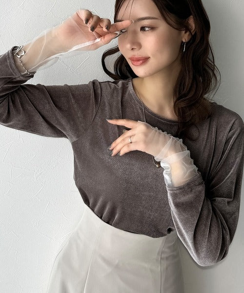 【mily bilet】異素材ミックスで魅せる◎シアーベロア袖メッシュ切り替えプルオーバー mi1269008