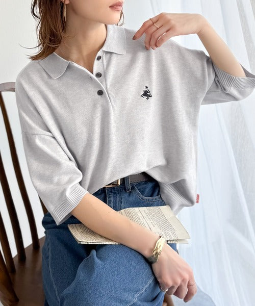 抜け感のあるゆったりシルエット。胸刺繍で上品さをプラス♪胸刺繍ルーズポロニットプルオーバー(半袖) ce1240115