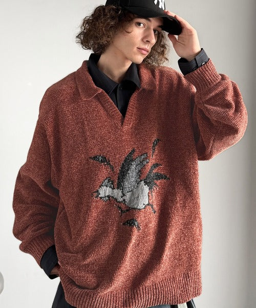 【Classical Origin】「個性で遊ぶ。」モール糸使いルースター柄襟付きVネックセーター／Chenille Yarn Rooster Motif Collared V-Neck Sweater co1150075