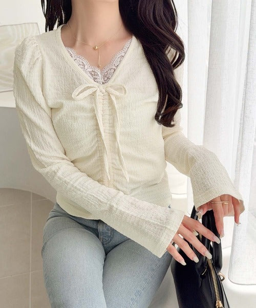 【mily bilet】レース×シャーリングで、甘さをひとさじ。レースドッキングパフスリーブジャガードトップス（長袖） mi1359080