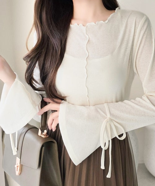 【mily bilet】ほんのり透け感で大人ガーリーに着回し♪メロウ×袖リボンフレアスリーブ スラブシアージャガードプルオーバー(長袖) mi1019166