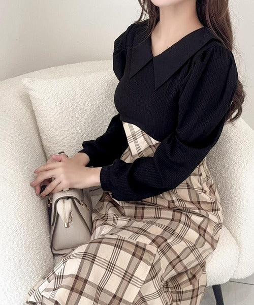 【mily bilet】愛され要素がぎゅっと盛り♪シャツ襟チェックアシメフリルドッキングロングワンピース（長袖） mi1139088