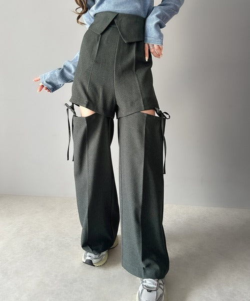 【mily bilet】大人ガーリーボトム。ウエスト折り返しリボンストラップ２WAYセンタープレスハイウエストワイドスラックスパンツ mi1329005