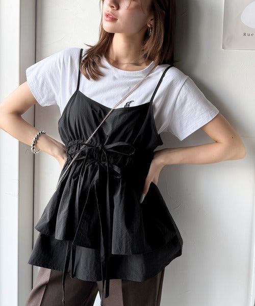 旬のレイヤードスタイルがこれ一着で即完成。ダブルリボン使いキャミ＆ムーン刺繍半袖Tシャツセット ce1265004