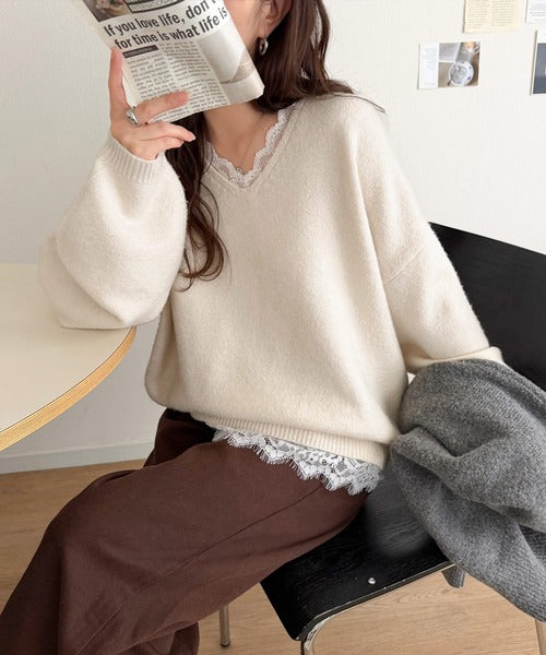 【mily bilet】着るだけで垢抜ける大人フェミニン。レースドッキングふわもちニット mi1029194